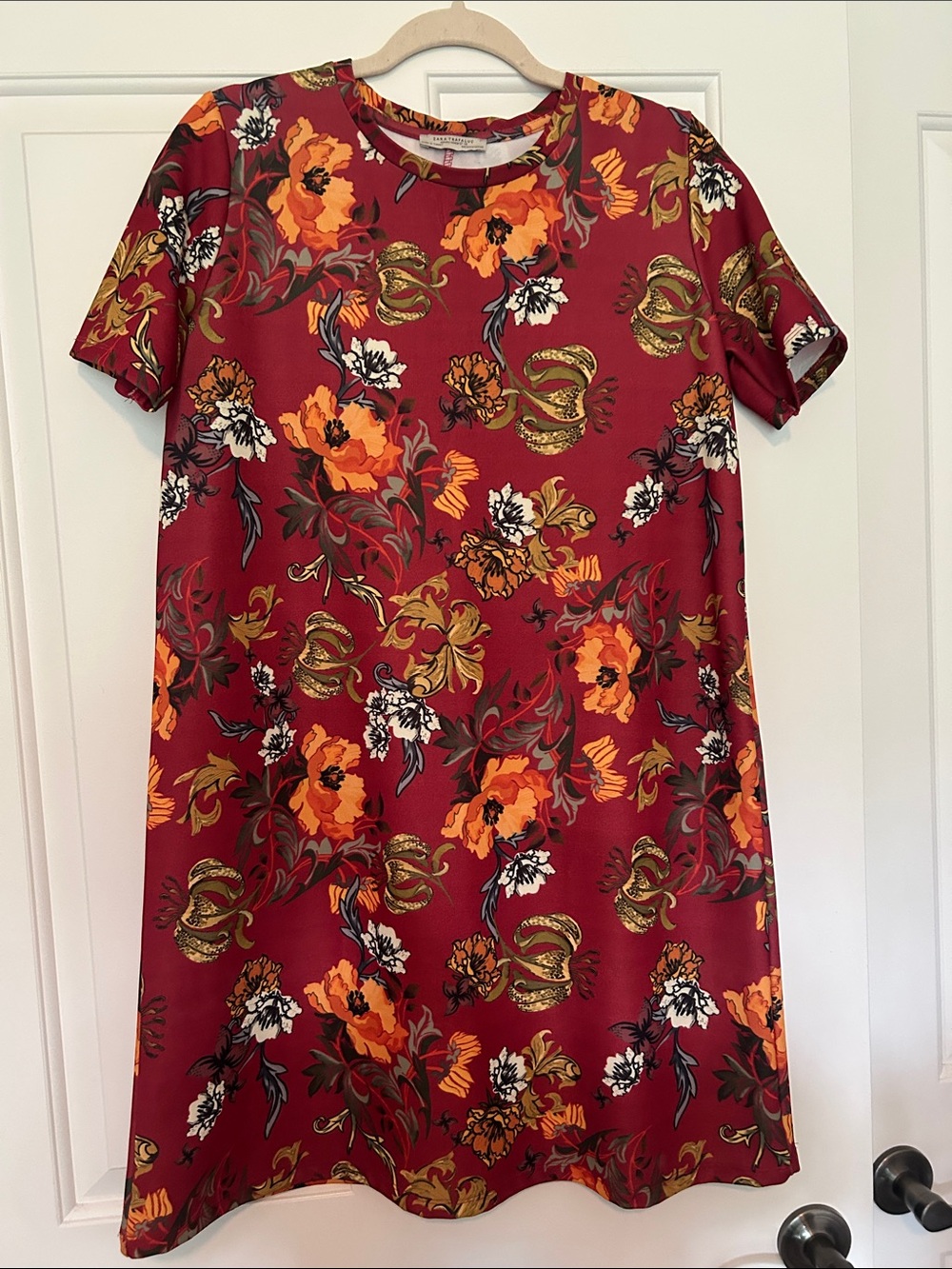 Zara Burgundy Floral Short-Sleeve Midi Dress with Orange Accents